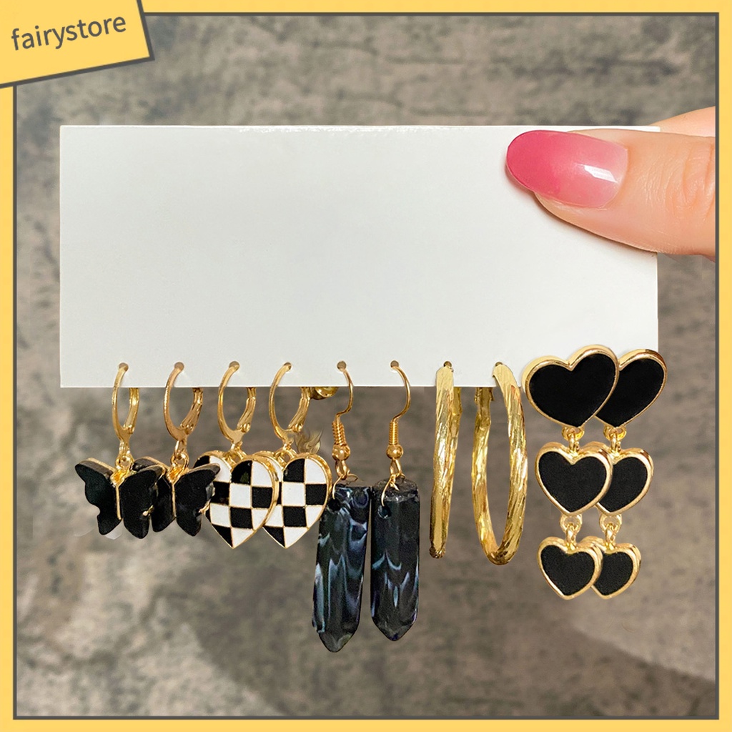 Set 5 Đôi Bông Tai Dạng Vòng Hình Học Họa Tiết Kẻ Ô / Trái Tim / Bướm / Ngọc Trai Giả Màu Trắng Đen Thời Trang Cho