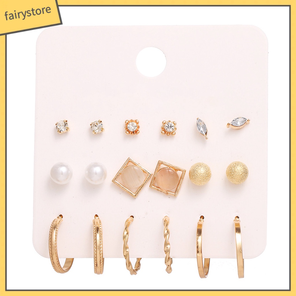 Set 9 Đôi Bông Tai Đính Đá / Ngọc Trai Giả Lấp Lánh Thời Trang Cho Nữ