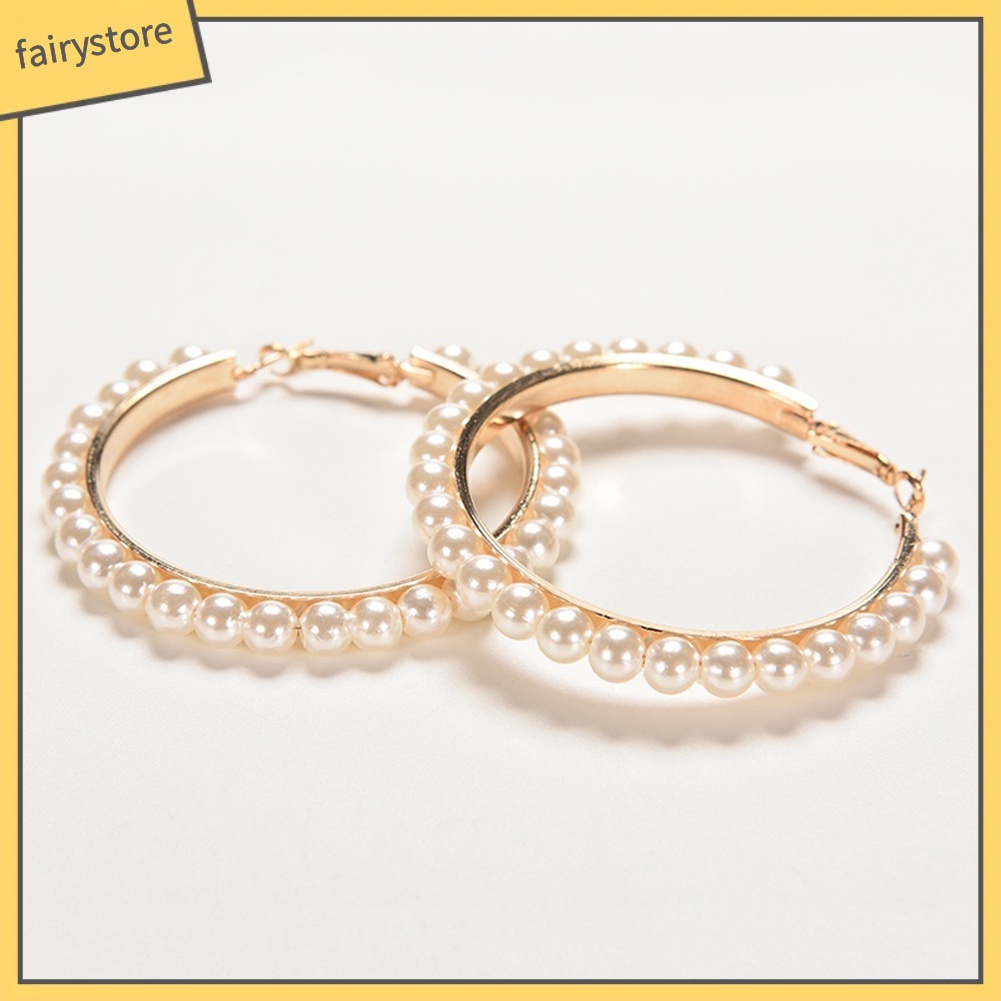 Khuyên Tai Tròn Lớn Đính Ngọc Trai Giả Thời Trang Cho Nữ