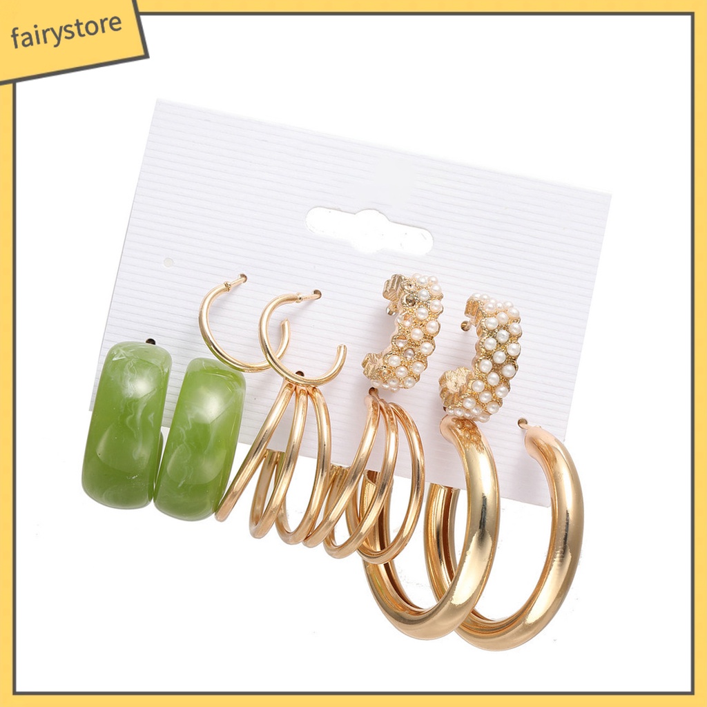 Set 5 Đôi Bông Tai Tròn Bằng Kim Loại Đính Ngọc Trai Nhân Tạo Phong Cách Bohemian