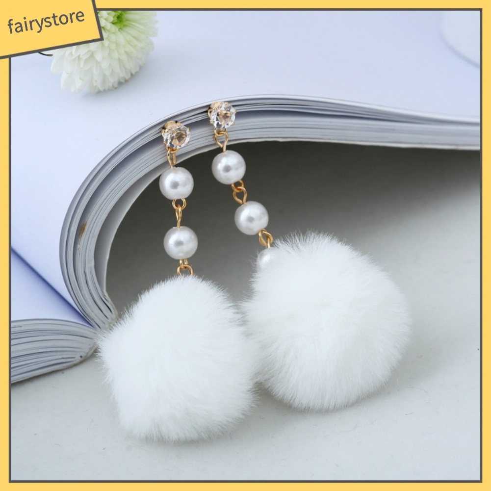 Bông Tai Đính Ngọc Trai Và Bóng Lông Giả Đáng Yêu Cho Nữ