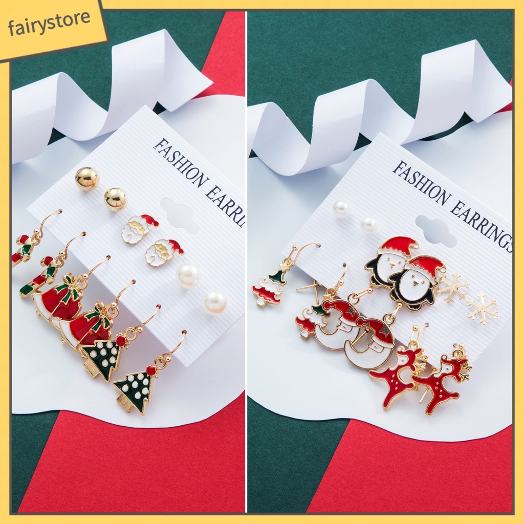 Set 6 Đôi Khuyên Tai Mạ Điện Sáng Bóng Họa Tiết Giáng Sinh