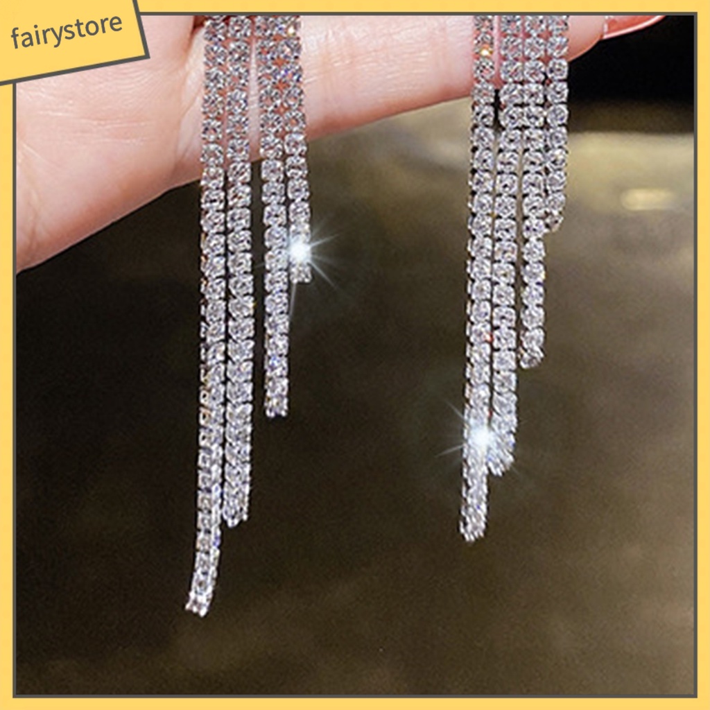 1 Đôi Bông Tai Dáng Dài Đính Đá Lấp Lánh Thời Trang Cho Nữ