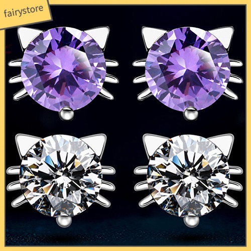 Bông Tai Mạ Bạc 925 Hình Mèo Đính Đá Zircon Dễ Thương