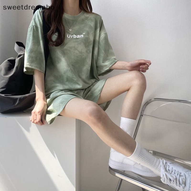 Bộ quần áo hai món phong cách thường ngày dáng rộng cho nữ mùa hè nhuộm cà vạt áo thun ngắn tay quần đùi thể thao Bộ đồ thể thao drn