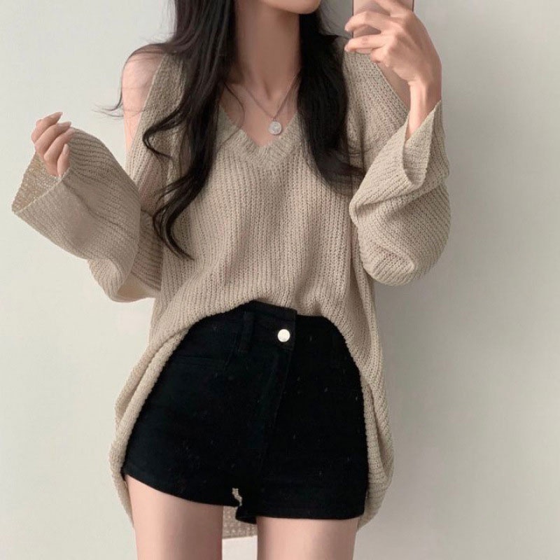 Áo sweatshirt XINLANYASHE tay dài trễ vai cổ chữ V dáng rộng phong cách ngọt ngào thời trang chống nắng