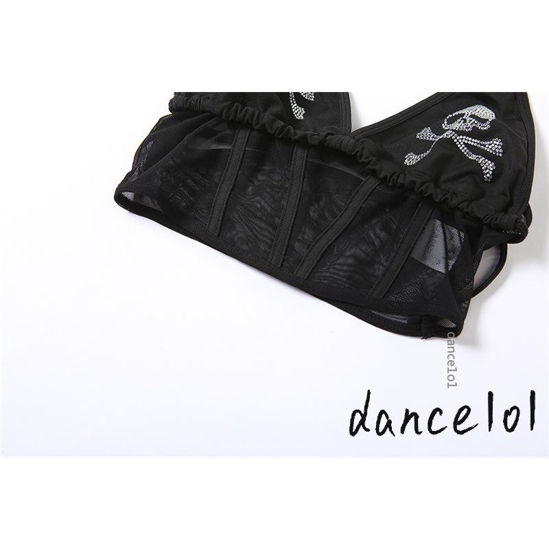 Crop Top Lưới Xuyên Thấu In Hình Đầu Lâu Nhảy Múa 1O1