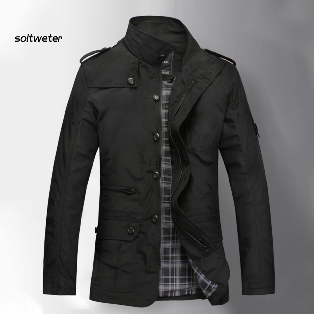 Áo Khoác Cổ Đứng Màu Trơn Dáng Ôm Phối Túi Thời Trang Xuân Thu Cho Nam