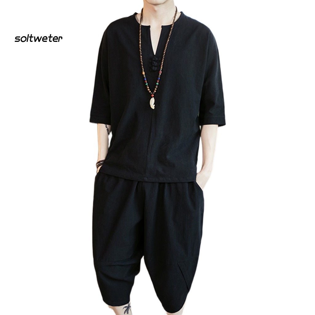 1 Bộ Quần Capri Màu Trơn Dáng Suông Có Túi Phong Cách Trung Hoa