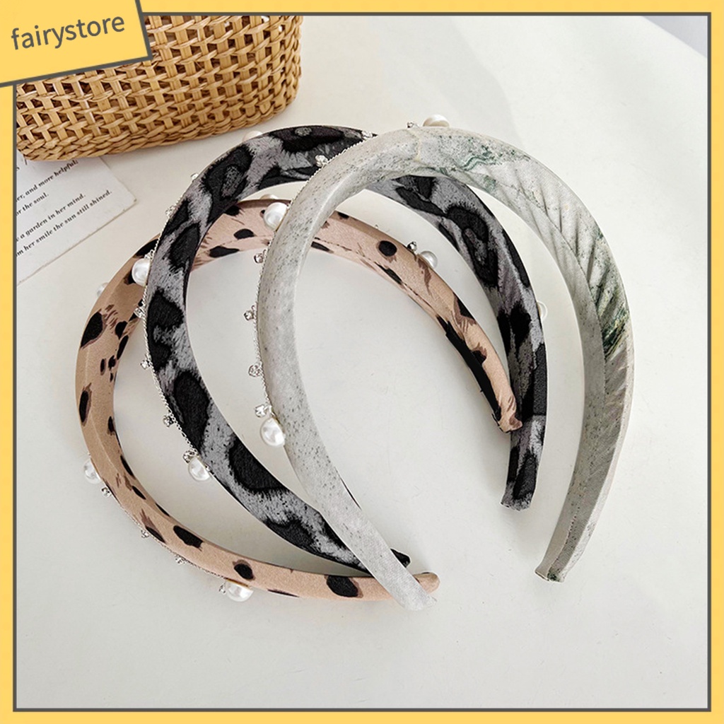 Băng Đô Cài Tóc Bản Rộng Tăng Chiều Cao Đính Đá Ngọc Trai Nhân Tạo Họa Tiết Da Báo Thời Trang Cho Nữ