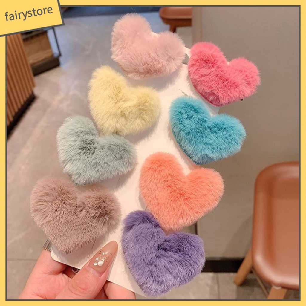 Kẹp Tóc Đính Lông Chồn Nhân Tạo Hình Trái Tim Màu Sắc Ngọt Ngào Chống Trượt Cho Bé