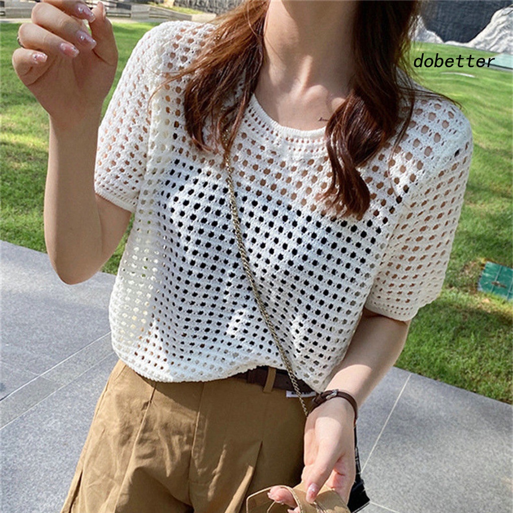 Áo Thun Dệt Kim Mỏng Tay Ngắn Cổ Tròn Màu Trơn Che Phủ Toàn Diện Chống Nắng Cho Nữ