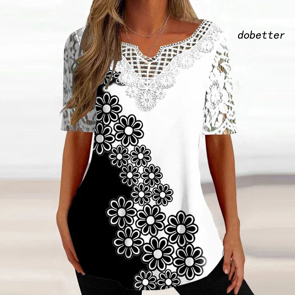 Áo Thun Tay Ngắn Cổ Chữ V Phối Ren Hoa Mỏng Dáng Rộng Co Giãn Thời Trang Đường Phố Cho Nữ
