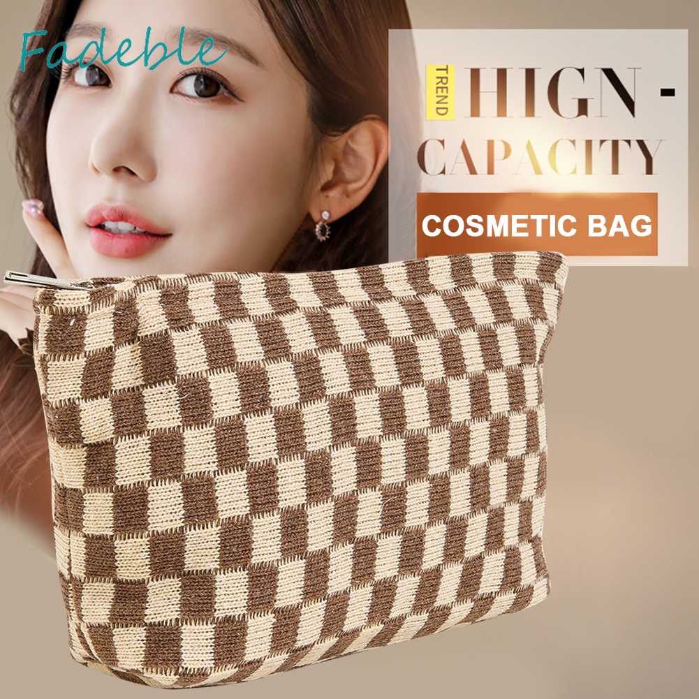 Túi Đựng Mỹ Phẩm Sức Chứa Lớn Họa Tiết Sọc Caro Xinh Xắn Tiện Dụng