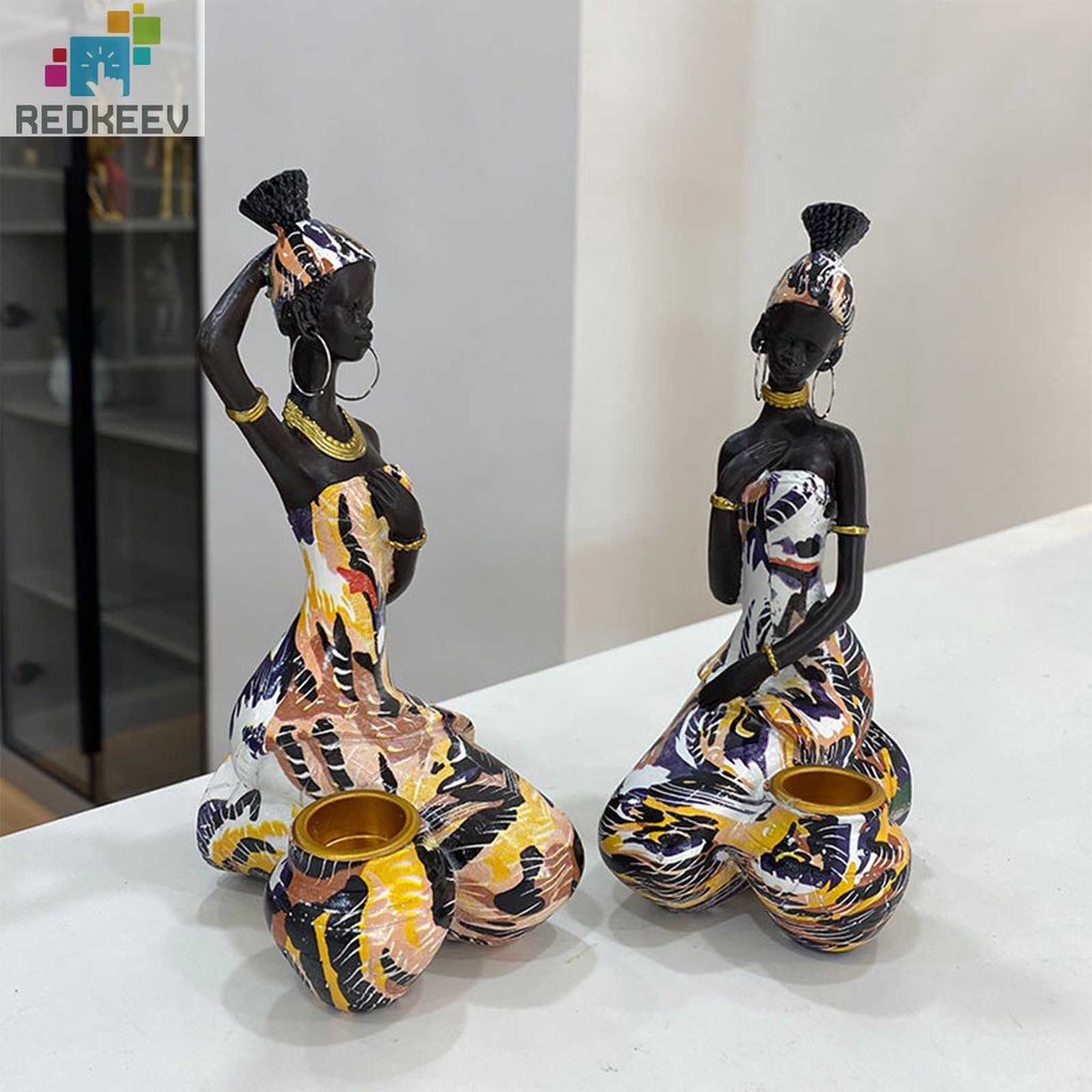 Set 2 Bức Tượng Nữ Bộ Lạc Châu Phi Bằng Nhựa Resin Màu Đen Để Bàn Trang Trí Nội Thất