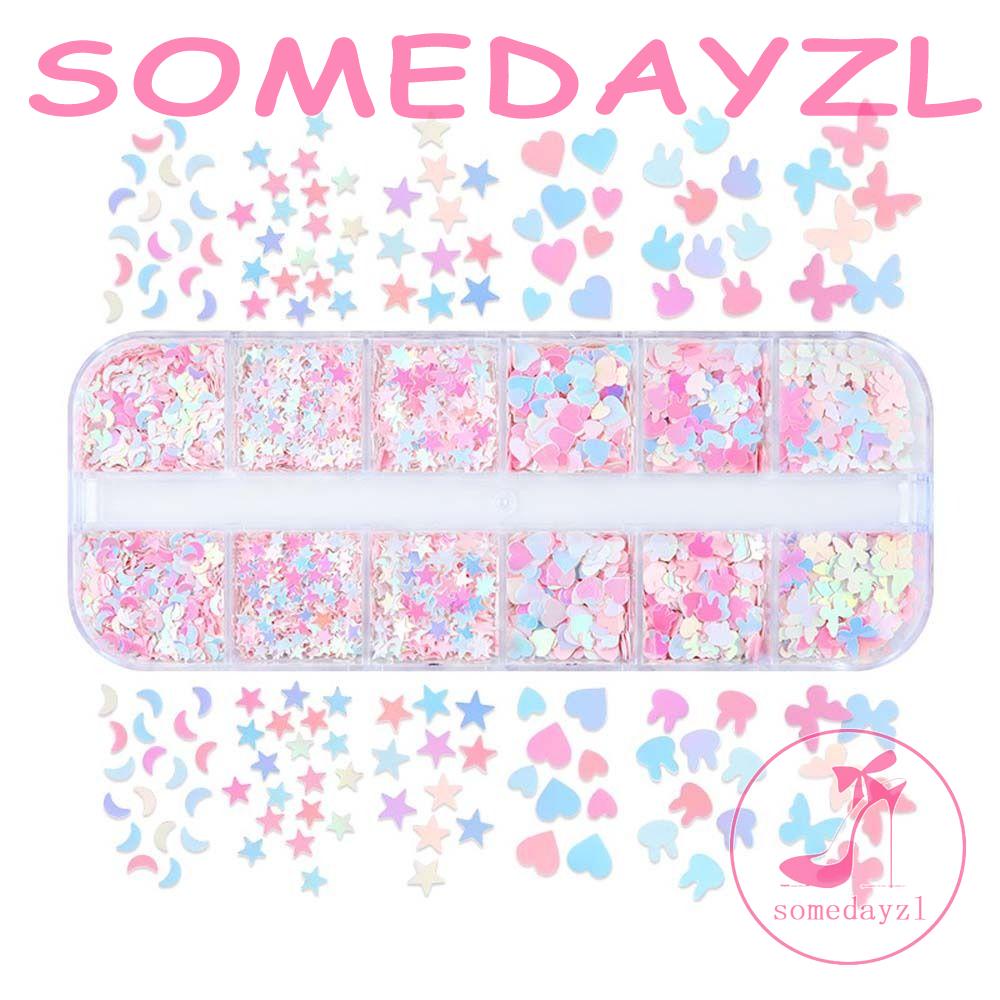 Hộp Sequin 12 Ngăn Hình Trái Tim / Bướm / Ngôi Sao / Mặt Trăng Kiểu Nhật Dùng Trang Trí Móng Nghệ Thuật