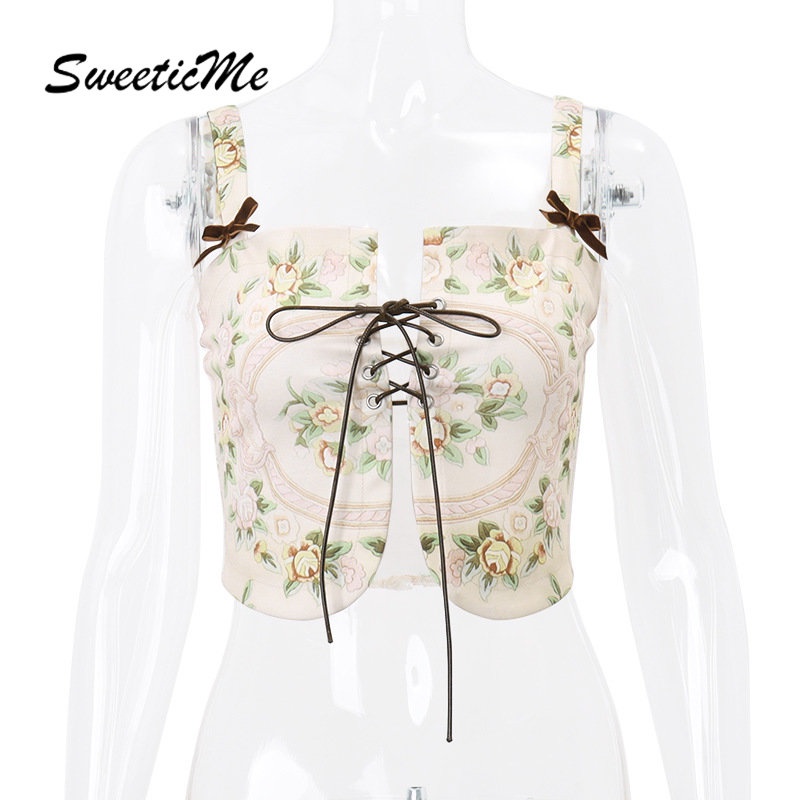 Áo Tank Top Dáng Ôm In Họa Tiết Đính Nơ Thời Trang 2023 Quyến Rũ Cho Nữ