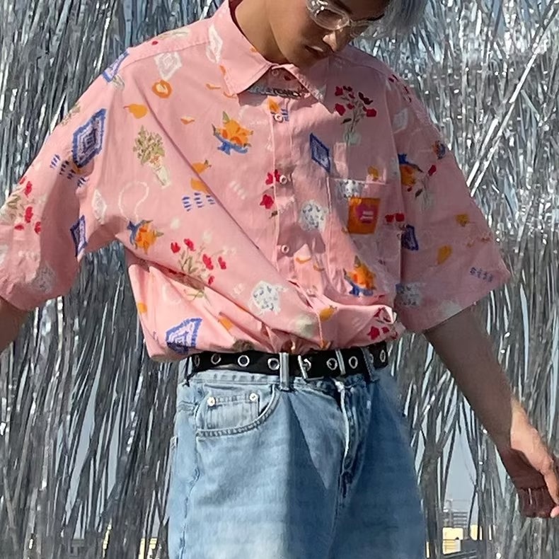 Áo Sơ Mi Cotton Ngắn Tay Dáng Rộng In Họa Tiết Graffiti Cá Tính Theo Phong Cách Retro