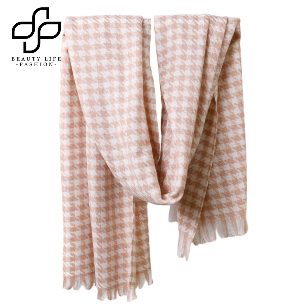 Khăn Choàng Cổ Dày Dặn Mềm Mại Co Giãn Phối Tua Rua In Họa Tiết Kẻ Sọc Màu Tương Phản Thời Trang Mùa Đông Cho Nữ