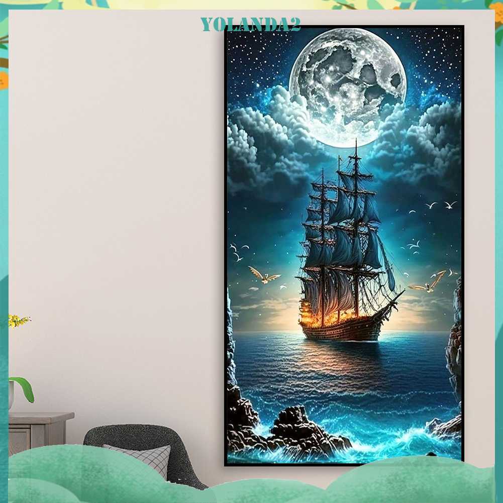 Tranh Đính Đá Kim Cương Toàn Bộ 5D DIY Hình Vẽ Thuyền Buồm Trang Trí Nhà Cửa