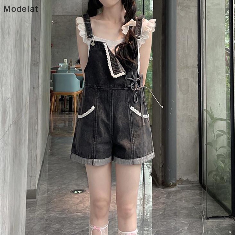 Mfc Quần Yếm Denim Lưng Cao Dáng Rộng Cột Dây Phong Cách Lolita Đáng Yêu Cho Nữ