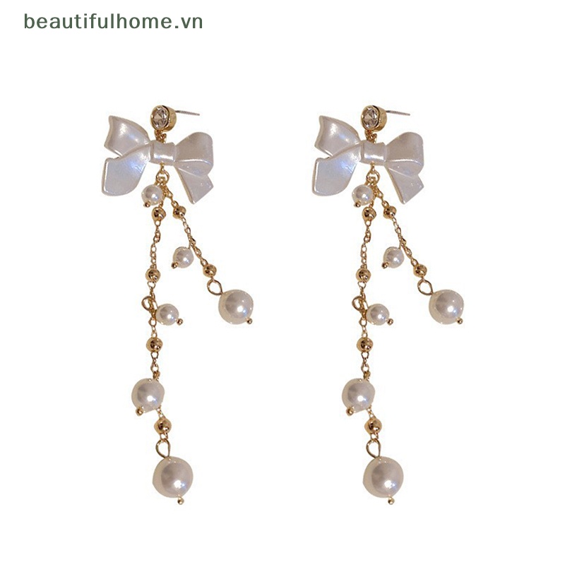 [beautifulhome] Bông Tai Ngọc Trai Kim Loại Dài Tua Rua Hình Học Thời Trang Cổ Điển Tinh Tế [beauty]