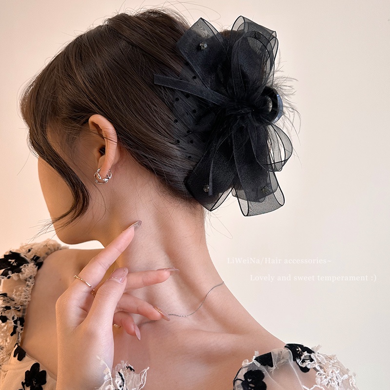 Kẹp Tóc Càng Cua Dạng Lưới Chấm Bi Hai Mặt Phối Ren Lông Vũ Thời Trang Cho Nữ