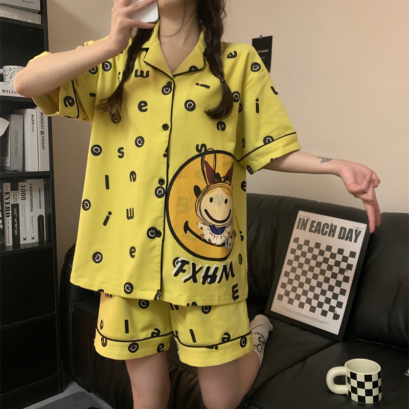 Bộ Đồ Ngủ Tay Ngắn In Họa Tiết Hoạt Hình Mặt Cười Phong Cách Hàn Quốc Thời Trang Mùa Hè Cho Nữ