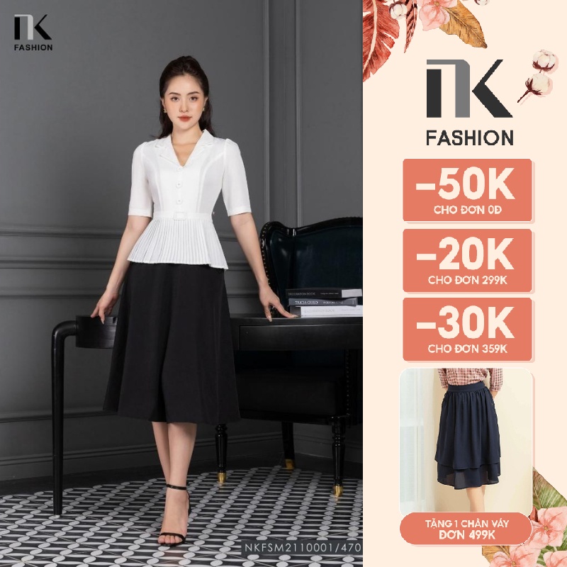 Áo Ký Giả Peplum Dập Ly NK Fashion Thiết Kế Tay Ngắn Bo Eo Điệu, Chất Liệu Nhập Hàn Mềm Mịn NKFSM2110001