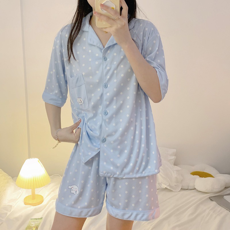 Bộ Đồ Ngủ Ngắn Tay Họa Tiết Chấm Bi Hoạt Hình Dễ Thương Dành Cho Nữ
