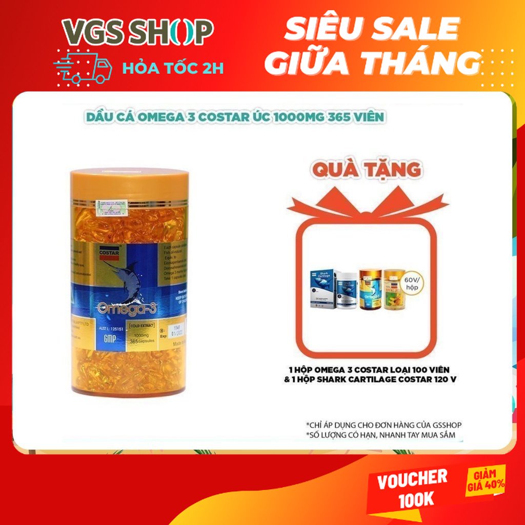 Dầu cá Omega 3 Costar Úc 1000mg 365 viên | TẶNG: 1 Hộp Omega 3 Costar 100 viên & 1 Hộp Sụn Cá Mập Shark Cartilage Costar