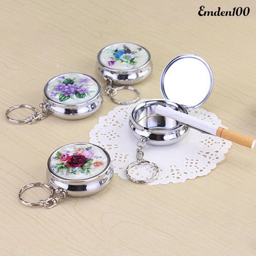 Móc Khóa Tròn Mini Bằng Thép Không Gỉ Họa Tiết Hoa