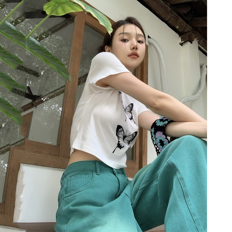 Áo Croptop Dệt Kim Tay Ngắn In Họa Tiết Quyến Rũ Phong Cách Hàn Quốc Cho Nữ