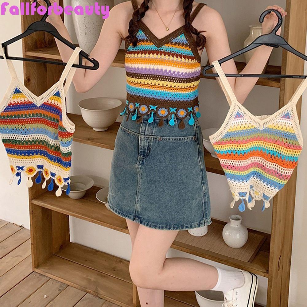 Áo Không Tay Họa Tiết Kẻ Sọc Nhiều Màu Sắc Phong Cách Harajuku Cho Nữ