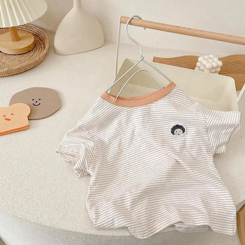 Áo Thun Tay Ngắn Họa Tiết Kẻ Sọc Thời Trang Mùa Hè Phong Cách Nhật Bản Cho Bé Trai Và Gái