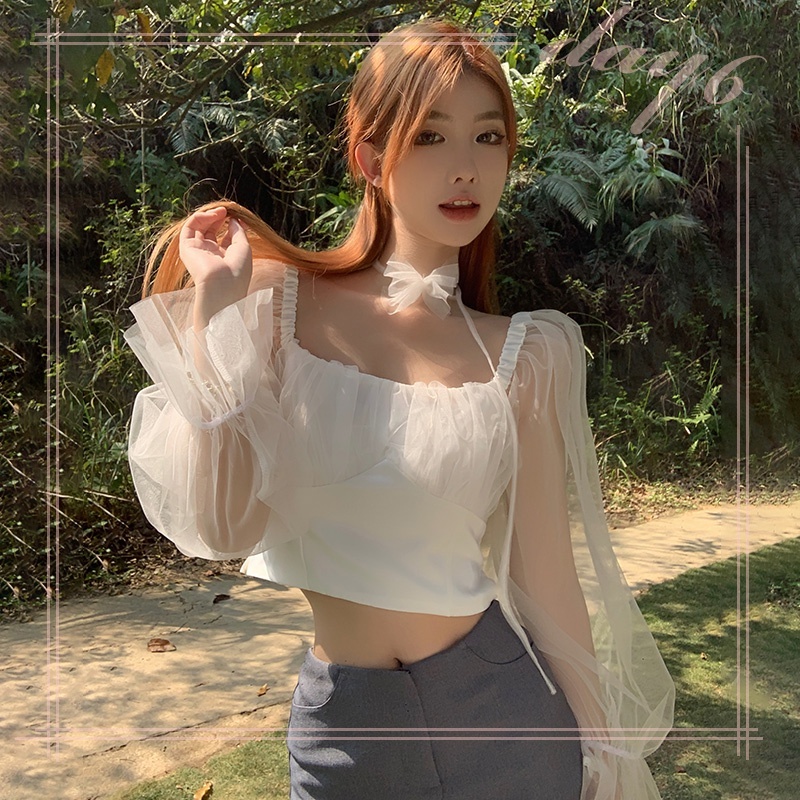 Áo Kiểu Trễ Vai Tay Dài Phồng Cột Dây Thời Trang Quyến Rũ Cho Nữ