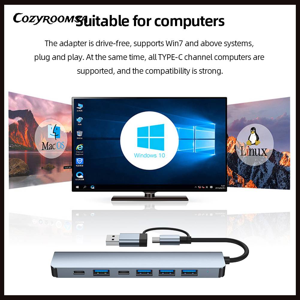 Bộ Chia 7 Trong 1 USB Sang USB3.0 2.0 5W Type C