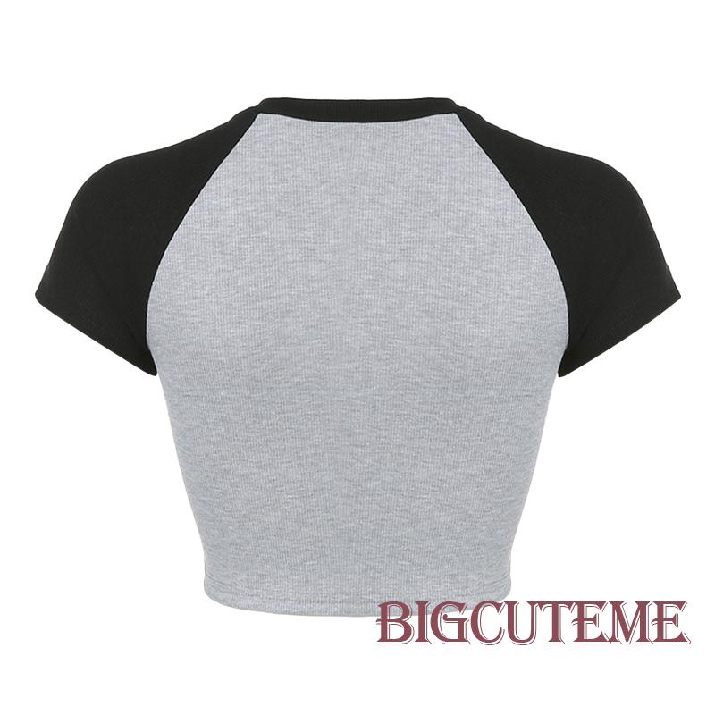 [] - Áo Crop Top Tay Ngắn Cổ Tròn In Hình Ngôi Sao Thời Trang Mùa Hè Ôm Dáng Vừa Vặn Đường Phố Màu Xám Cho Nữ