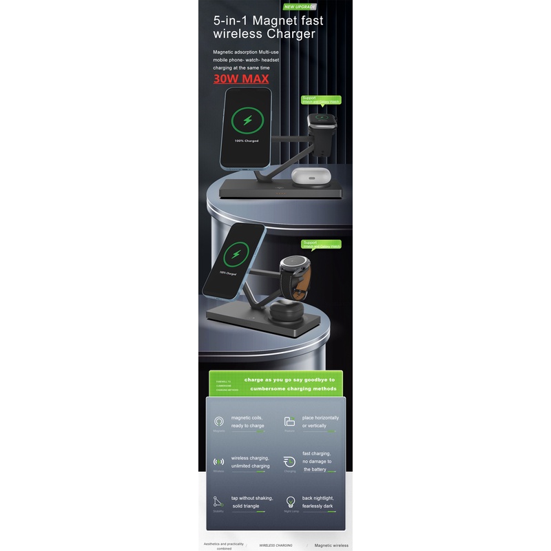 Đế Sạc Nhanh Không Dây 30W 5 Trong 1 Từ Tính Cho iPhone 14 13 12 Apple Samsung Watch AirPods