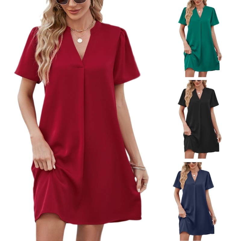 Đầm Tay Ngắn Cổ Chữ V Màu Sắc Đơn Giản Thời Trang Mùa Hè Xinh Xắn Cho Nữ