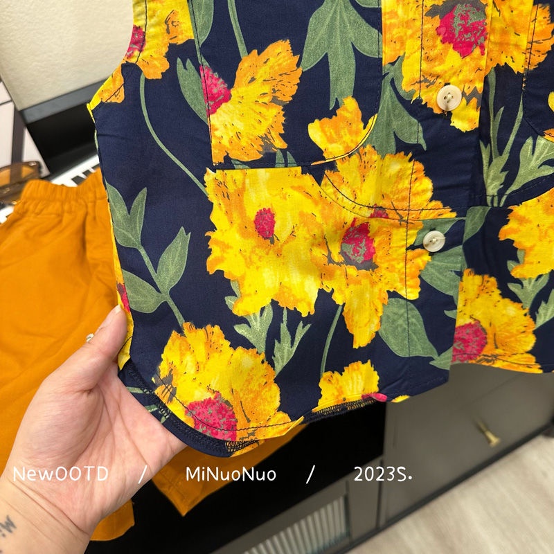 Áo Sơ Mi Không Tay In Hoa Dáng Rộng Phong Cách Hàn Quốc Cho Bé Trai