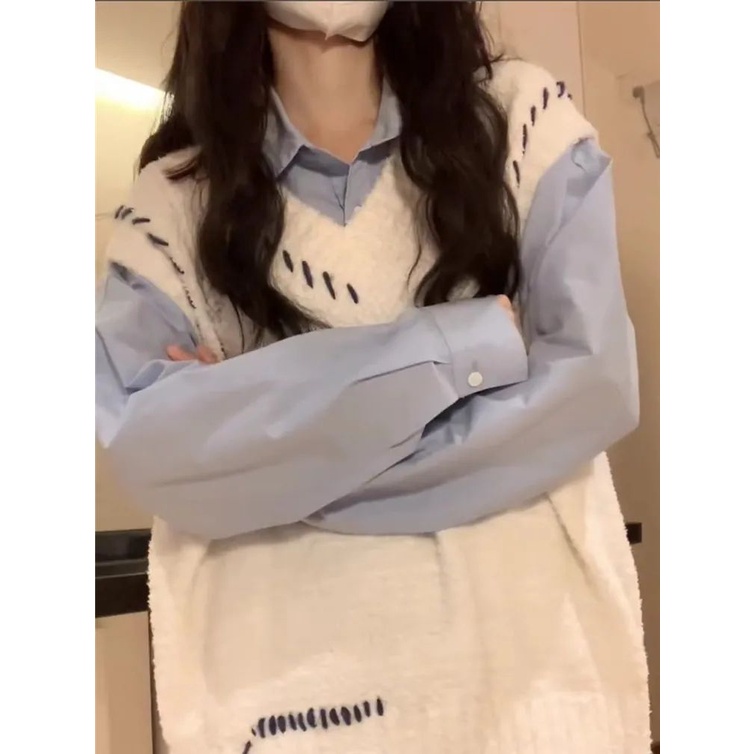 Bộ Áo Sơ Mi Dài Tay + Áo Khoác Dệt Kim Không Tay Dáng Rộng Xinh Xắn
