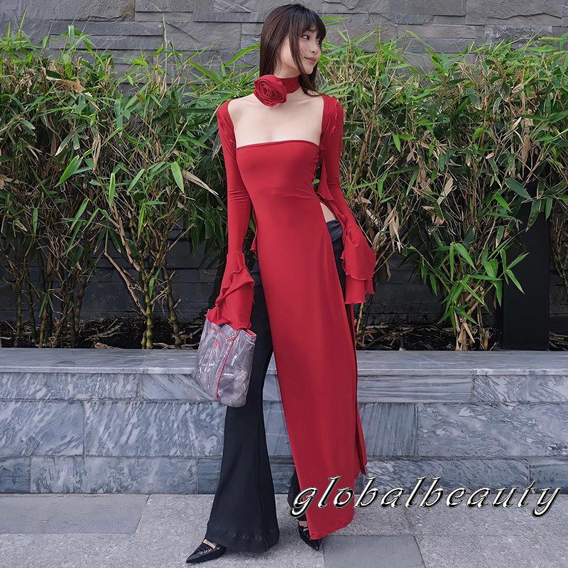 Gb-đầm Dài Mùa Hè Không Dây Xẻ Tà Bên Hông Với Vòng Cổ Bolero Shrug &amp; Hoa Hồng Cho Nữ