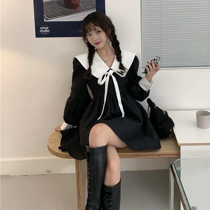Đầm Đen Tay Dài Cổ Thủy Thủ Thời Trang Mùa Hè Xinh Xắn Cho Nữ