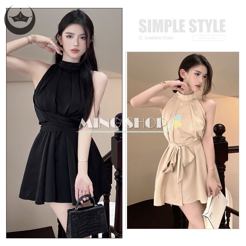 Đầm Mini Không Tay Màu Trơn Cột Dây Thời Trang Hàn Quốc Gợi Cảm Cho Nữ