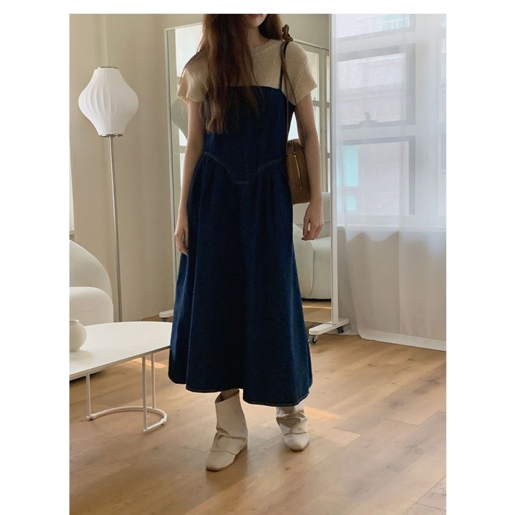 Bộ Áo Dệt Kim + Váy Yếm Denim Lưng Cao Thời Trang Mùa Hè Hàng Mới 2023 Dành Cho Bạn Nữ