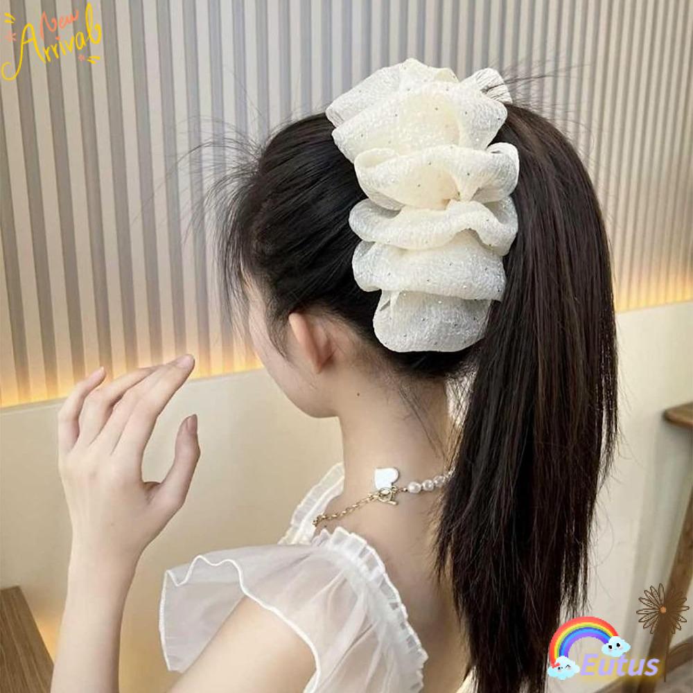 EUCA Kẹp Tóc Càng Cua Đính Nơ Vải Lụa Phối Lưới Hai Mặt Hình Hoa / Cá Mập