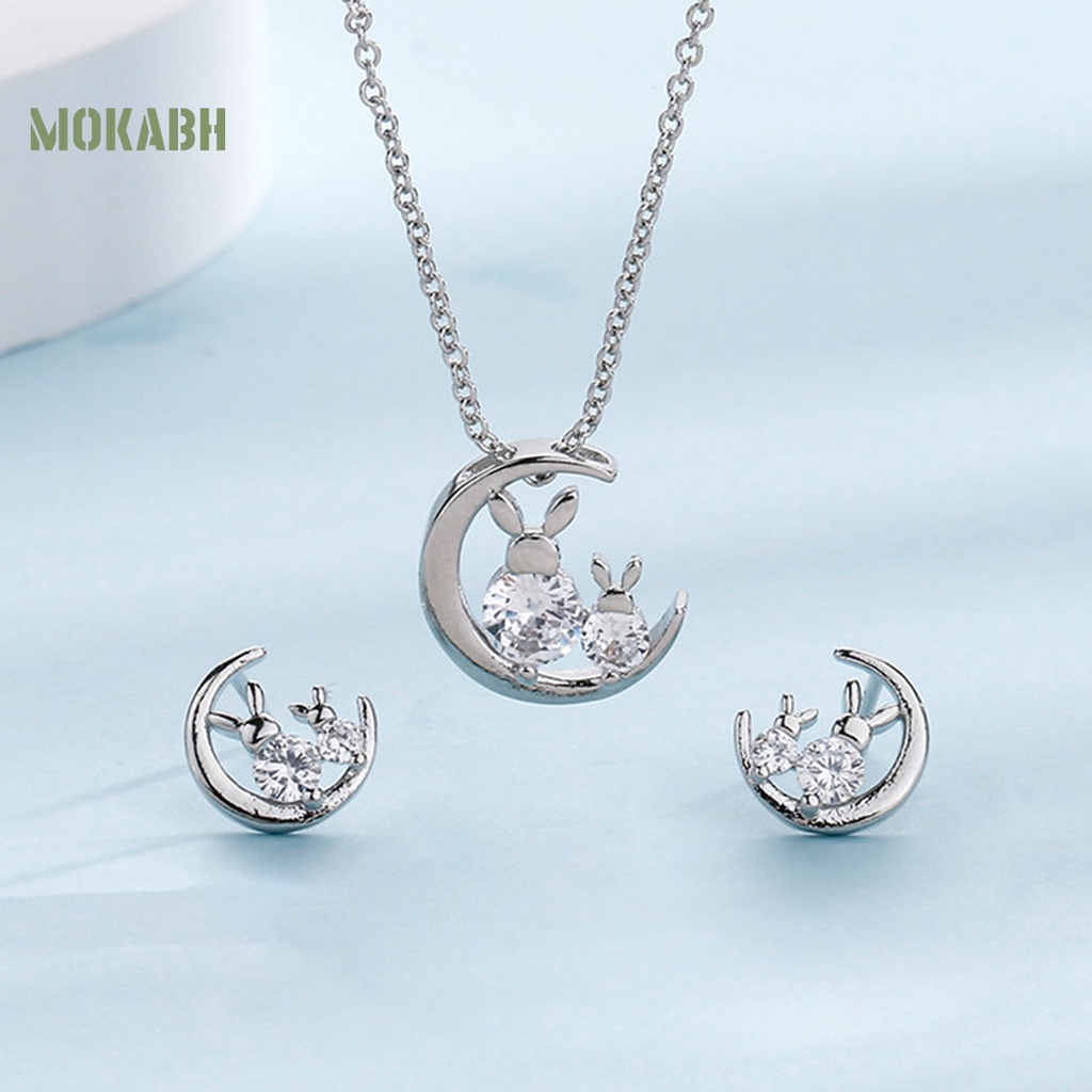 Bộ Vòng cổ + Bông Tai Đính Đá Hình Thỏ &amp; Mặt Trăng Kiểu Hàn Quốc