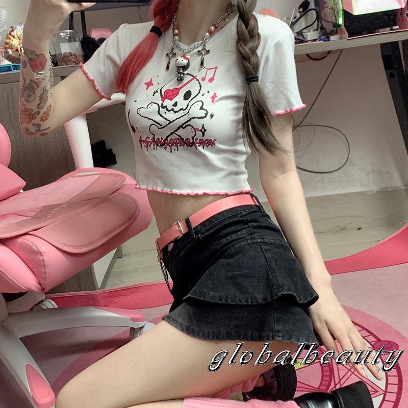 Áo Croptop Ngắn Tay Ôm Dáng In Họa Tiết Bộ Xương Gợi Cảm Cho Nữ