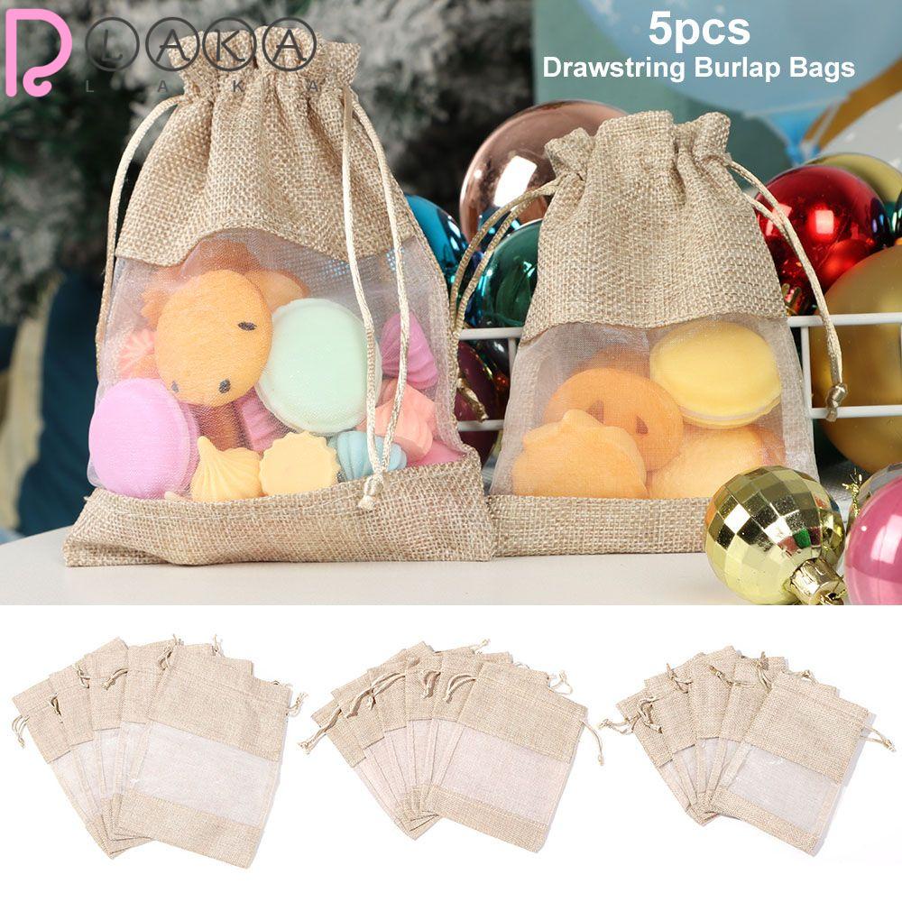 LAKAMIER Bộ 5 Túi Đựng Trang Sức / Kẹo Bằng Vải Bố Thiết Kế Rút Dây Độc